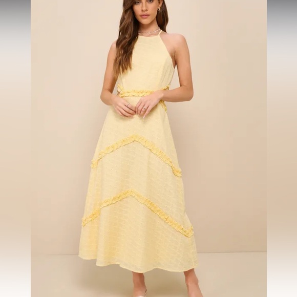 Lulus Dresses & Skirts - NWT Lulus Perfectly Serene Light Yellow Eyelt Ruffles Tie back midi dress